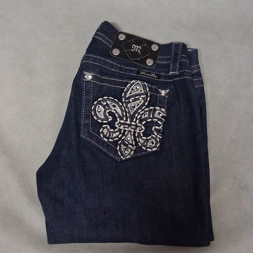Miss Me Mid Rise Easy Skinny Blue Jeans Women's 26x31 Dark Wash Rhinestones